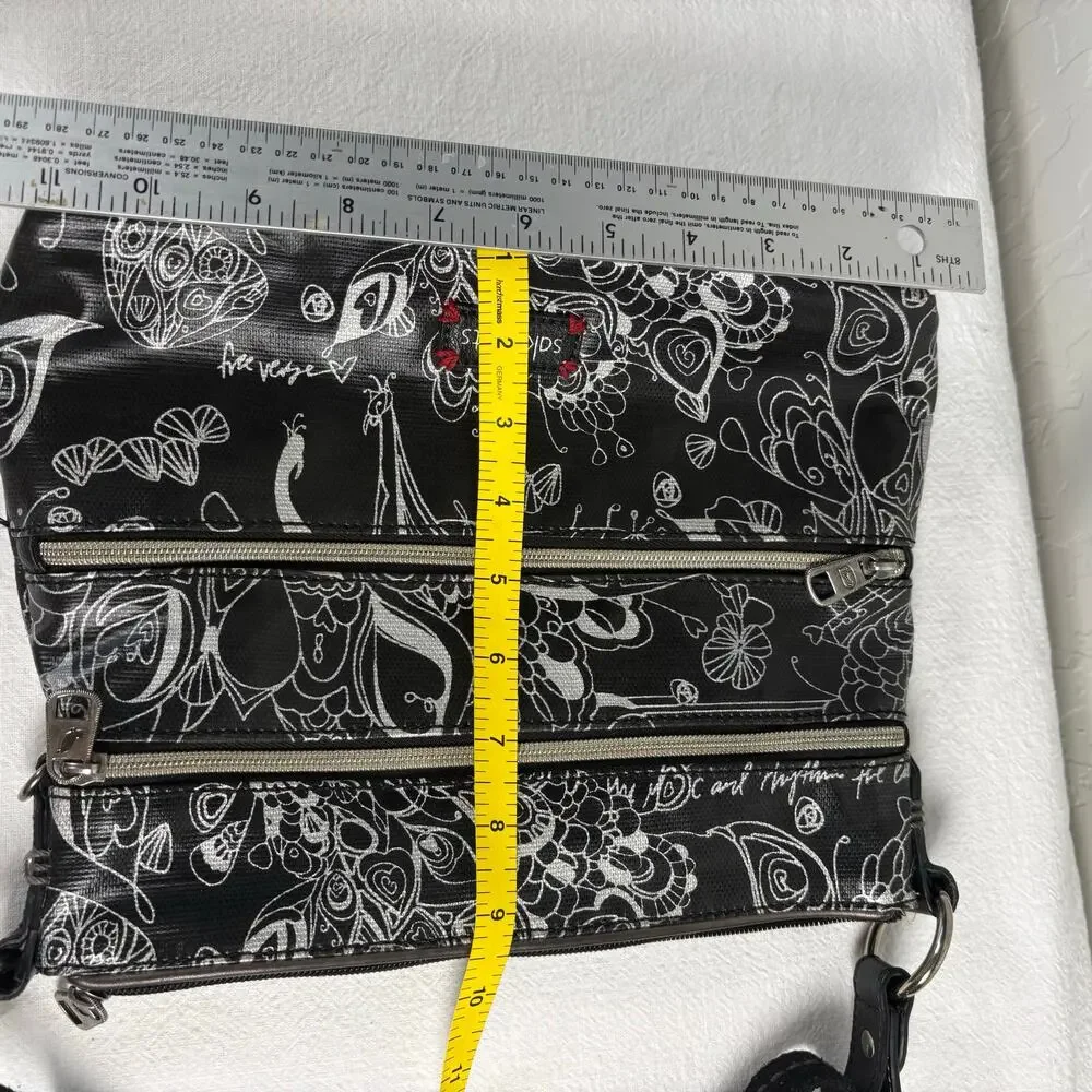 Sakroots Black Silver Peace Crossbody Organizer Bag Triple Zip Adjustable Strap